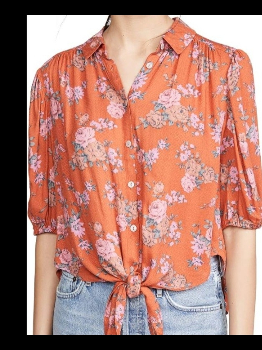 Free People Orange Button-Front Tie Hem Floral Shirt